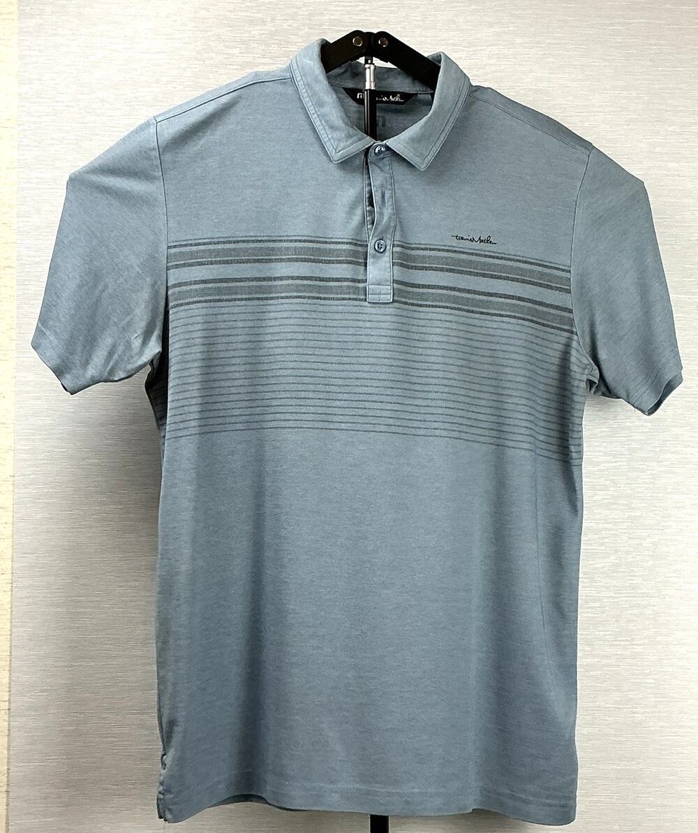 Travis Mathew Pima Cotton Blend Golf Polo Shirt Men Large L Blue Striped EUC